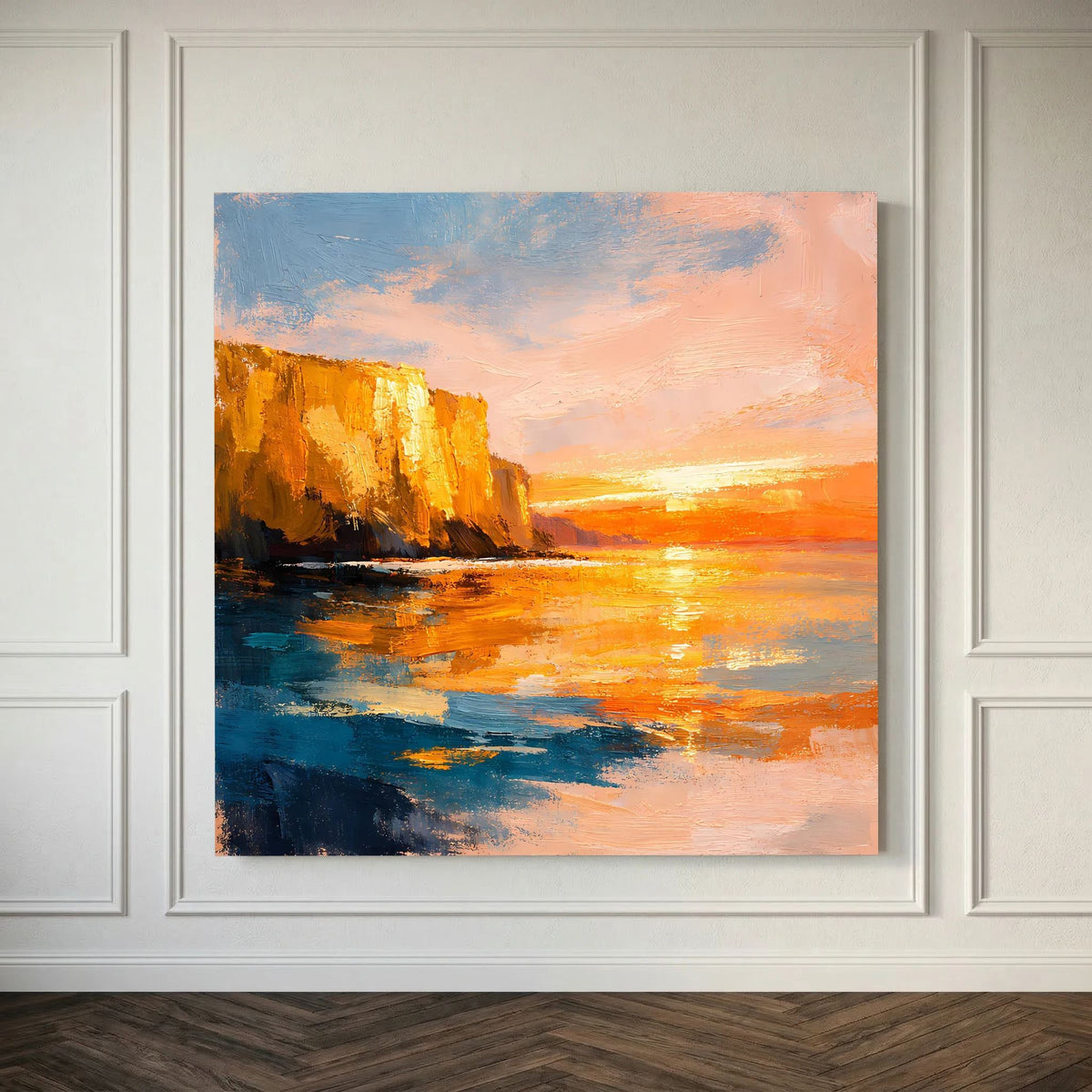 Leinwand-Wandbild im Rahmen: abstraktes Meer mit gold-orangefarbenem Sonnenuntergang