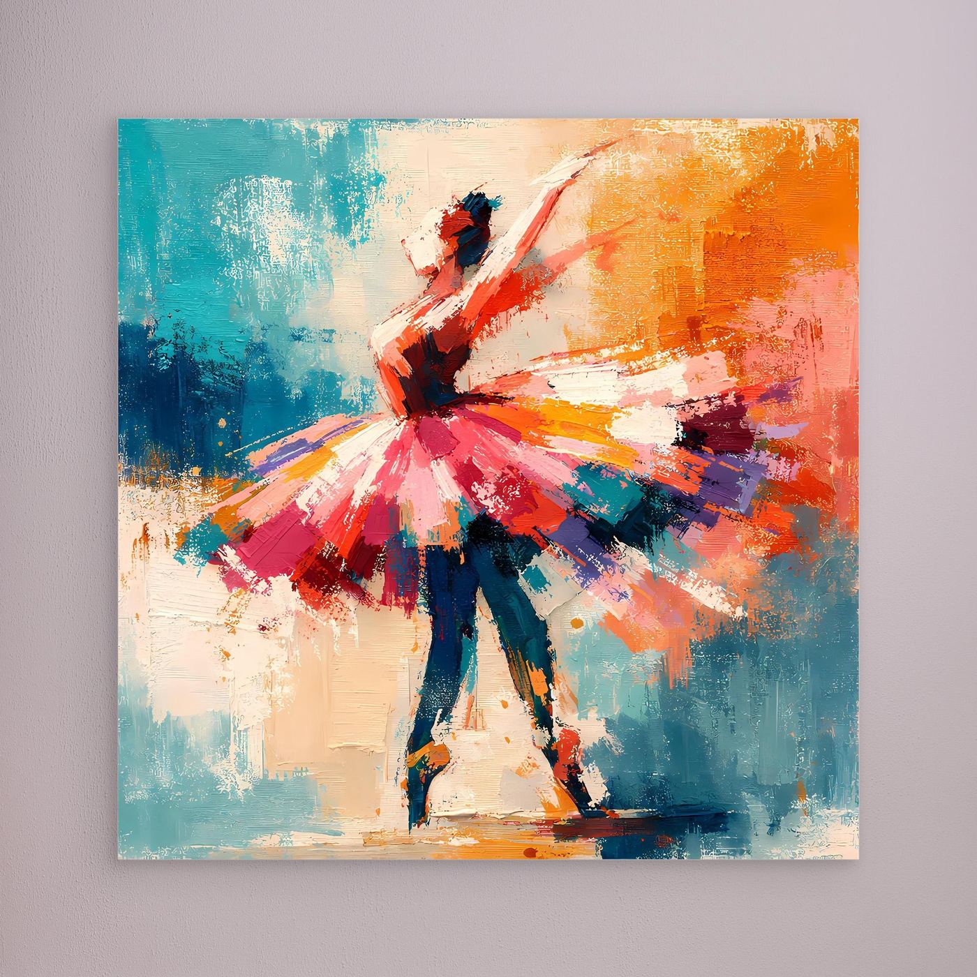 Unframed abstract ballerina wall art, full-body dancer in red, blue, orange strokes.
