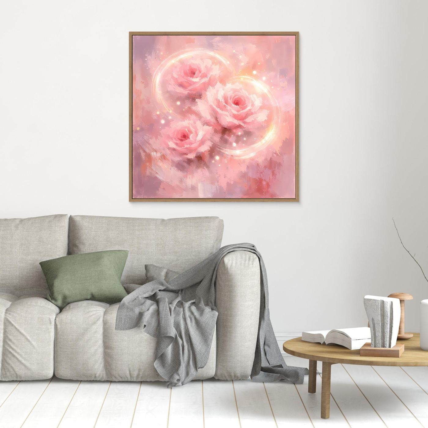 Kleines Wandbild mit rosa Rosen, schimmernden Kreisen und Punkten, Eichenrahmen