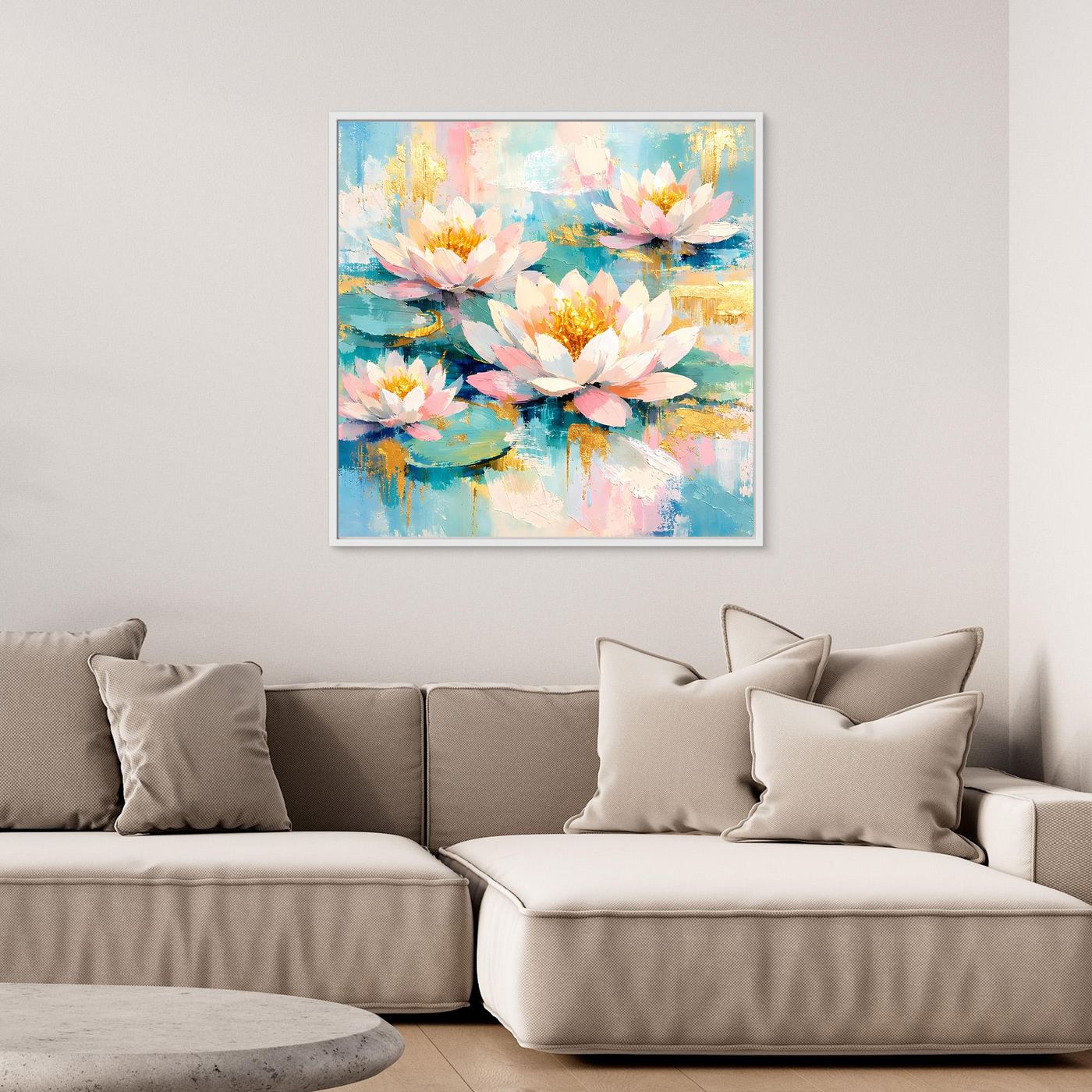 Leinwandbild mit abstrakten Seerosenblüten (Rosa, Gelb, Blau) mit weißem Rahmen