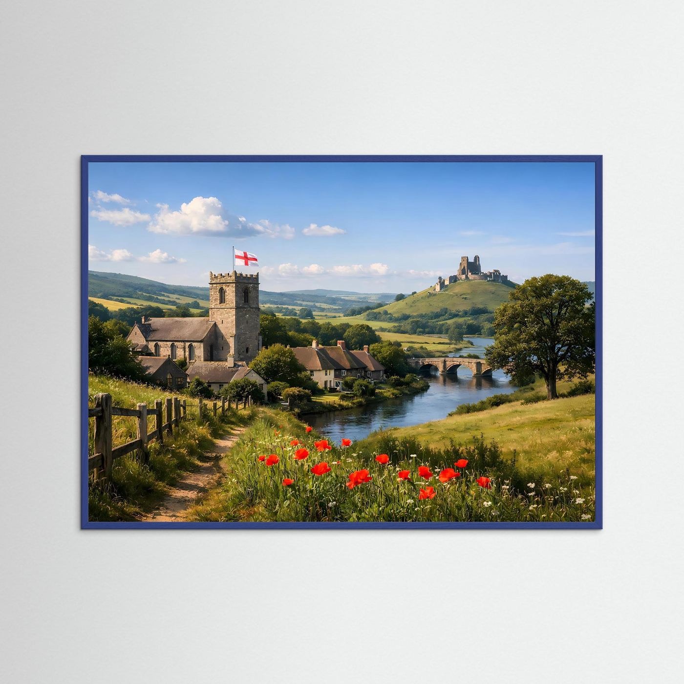 Naturposter Querformat mit blauem Rahmen: Burgruine, Fluss und rote Mohnblumen