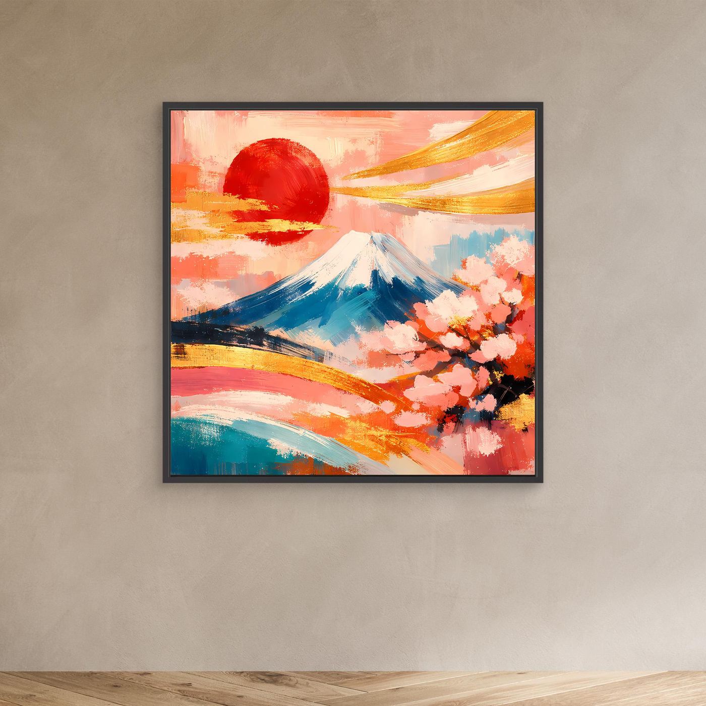 Leinwandbild mit Berg Fuji und Kirschblüten, abstrakte Rottöne, mit schwarzem Rahmen