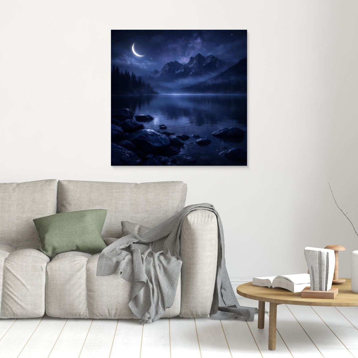 Leinwandbild Nachtlandschaft mit Mond über Bergsee, Felsen am Ufer, kleiner Druck