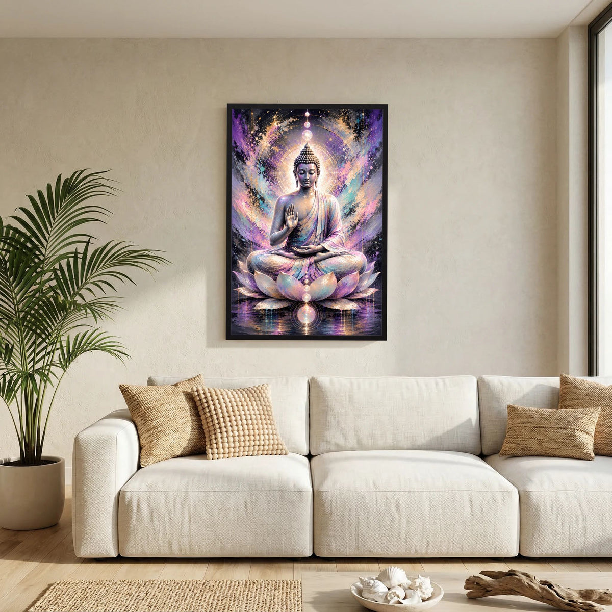 Poster mit sitzendem Buddha in Pastellfarben, Lotus und Lichtring, schwarzer Rahmen (hochkant)