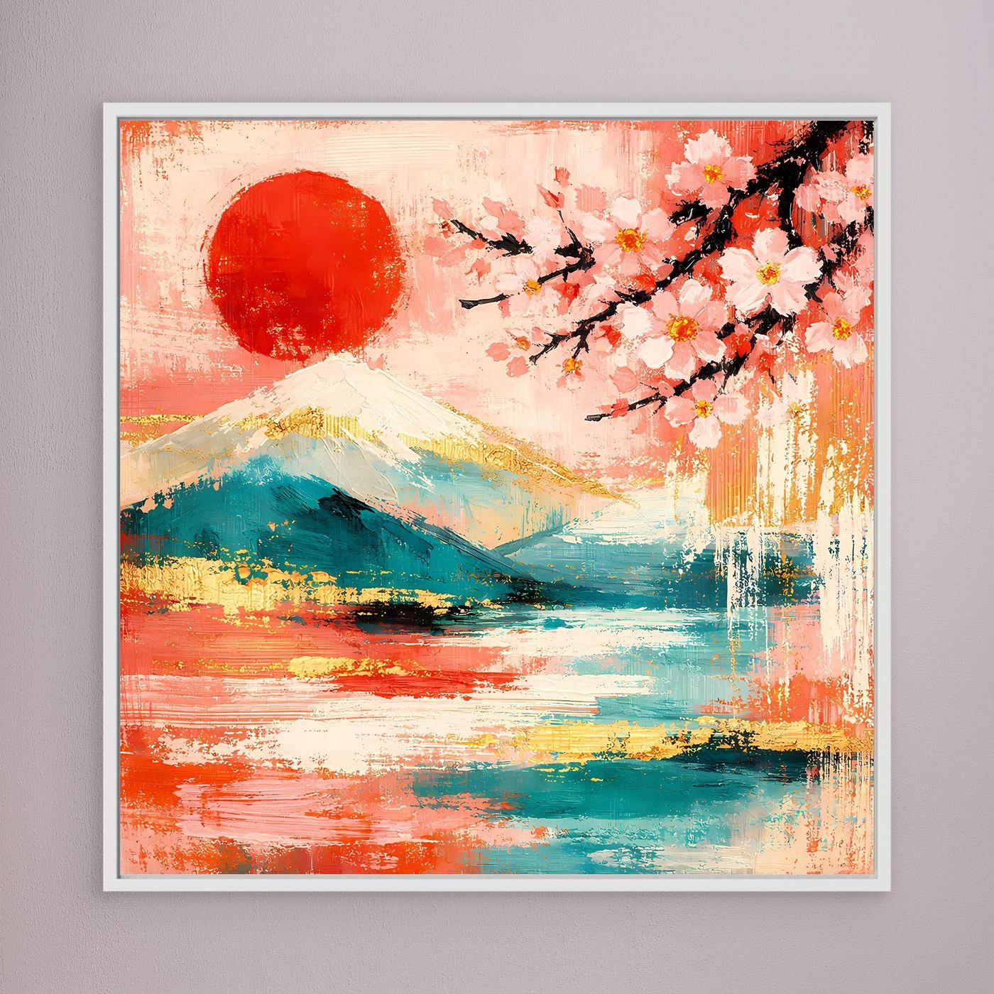 Leinwandbild: Kirschblütenzweig, Berglandschaft und rote Sonne in Rot-Gold, weiß gerahmt