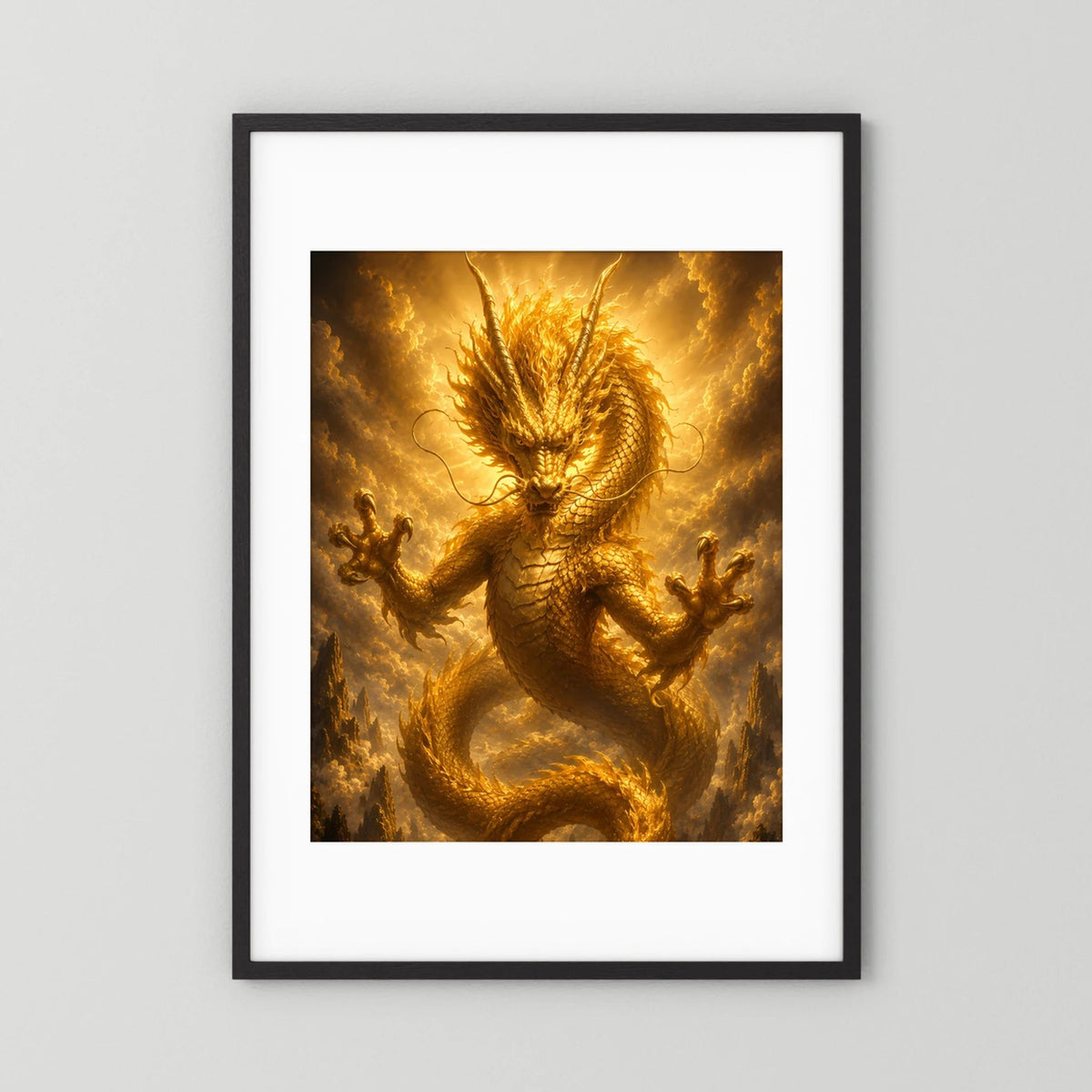 Poster im Hochformat mit goldenem chinesischem Drachen, schwarzer Rahmen und weißer Rand