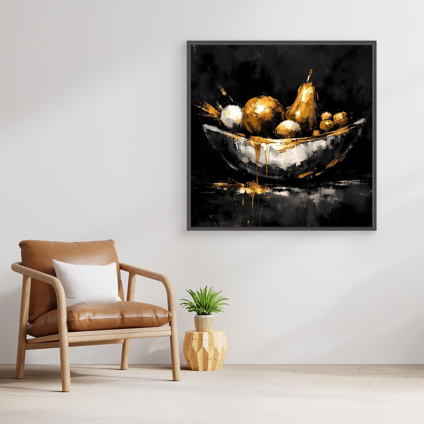 Leinwand Elegante Obstschale in Gold und Silber | Modernes Luxus Stillleben Wandbild