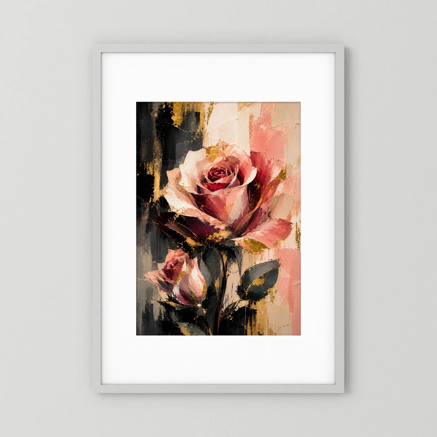 Gerahmtes Blumenposter mit abstraktem Rosenmotiv in Rosé- und Goldtönen, Hochformat
