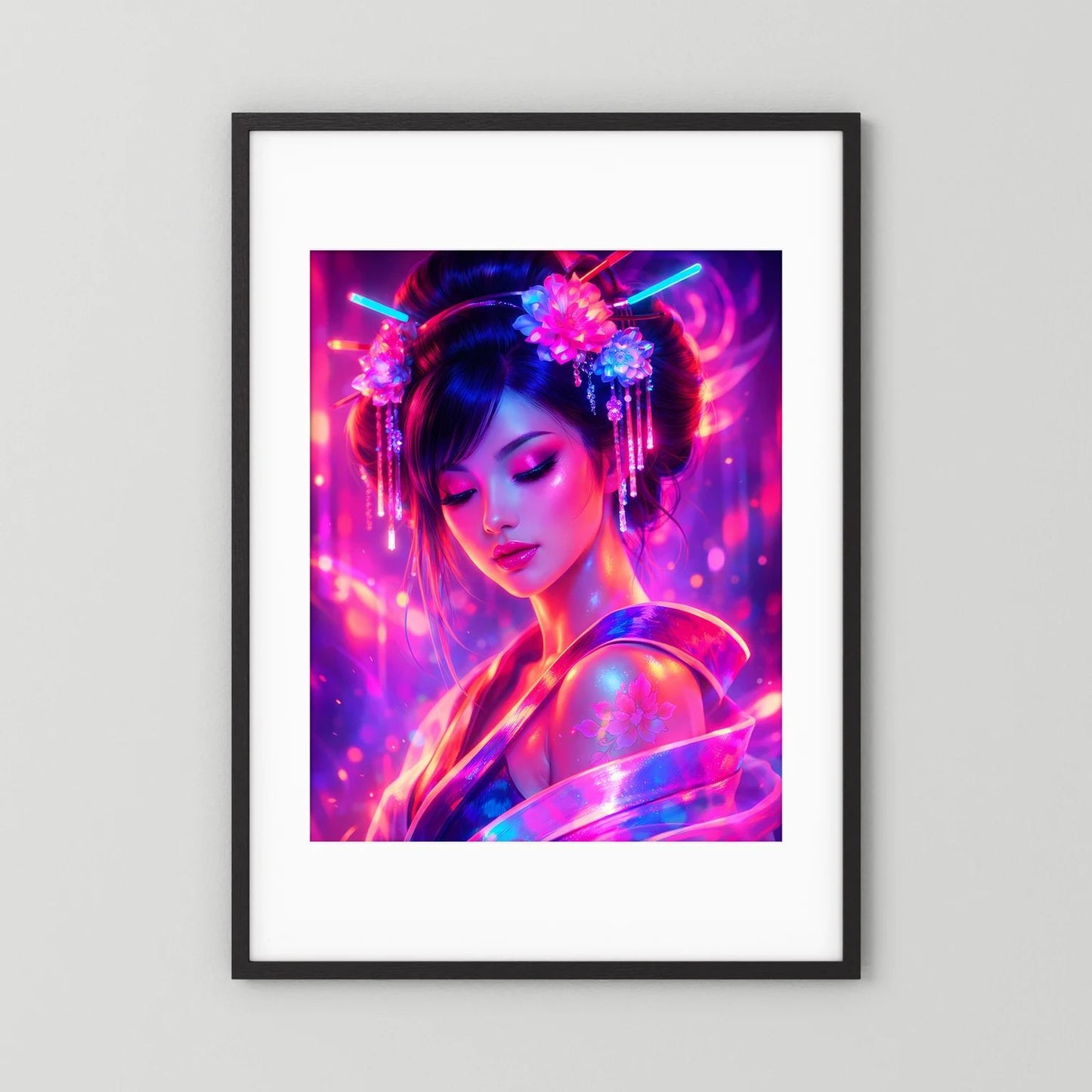 Neon-Poster mit japanischer Frau, schwarz gerahmt mit weißem Rand, Neon-Pink und Blau