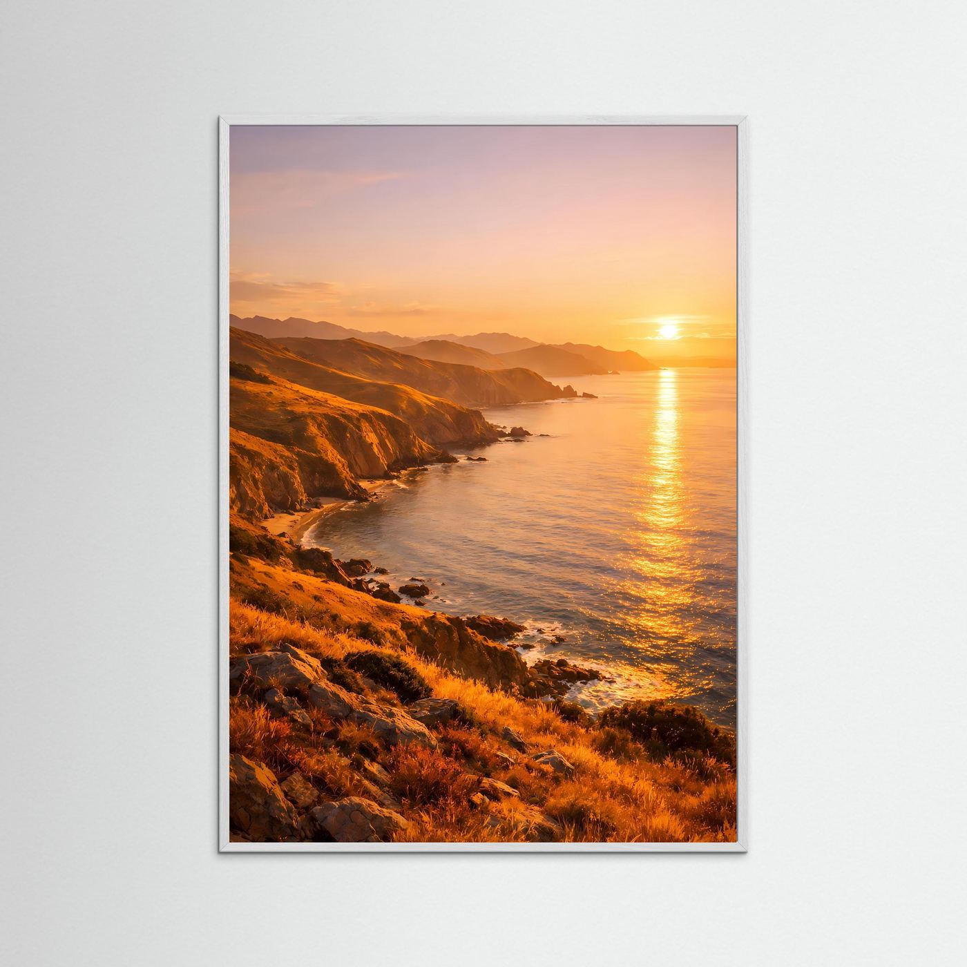 Vertikales Küsten-Poster mit Steilufern und Sonnenuntergang, weißer Holzrahmen