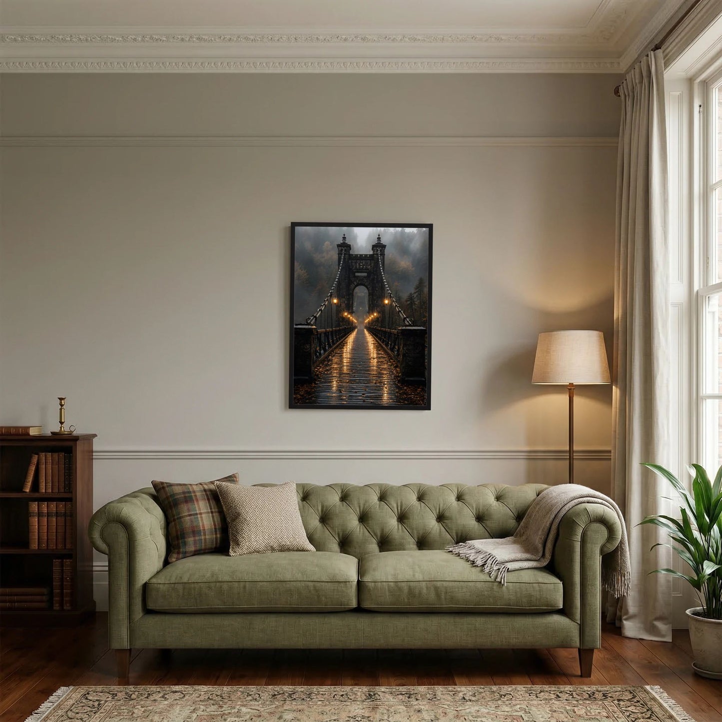 Hochformat-Poster der Hängebrücke bei Nacht mit goldenem Lichtweg und Laternen