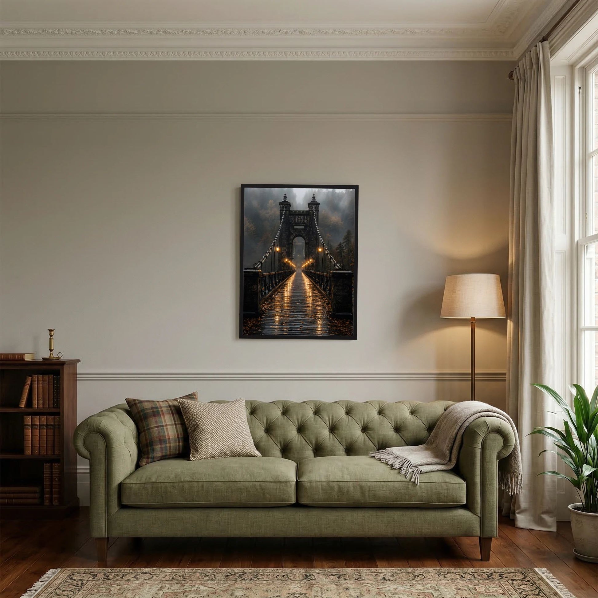 Hochformat-Poster der Hängebrücke bei Nacht mit goldenem Lichtweg und Laternen