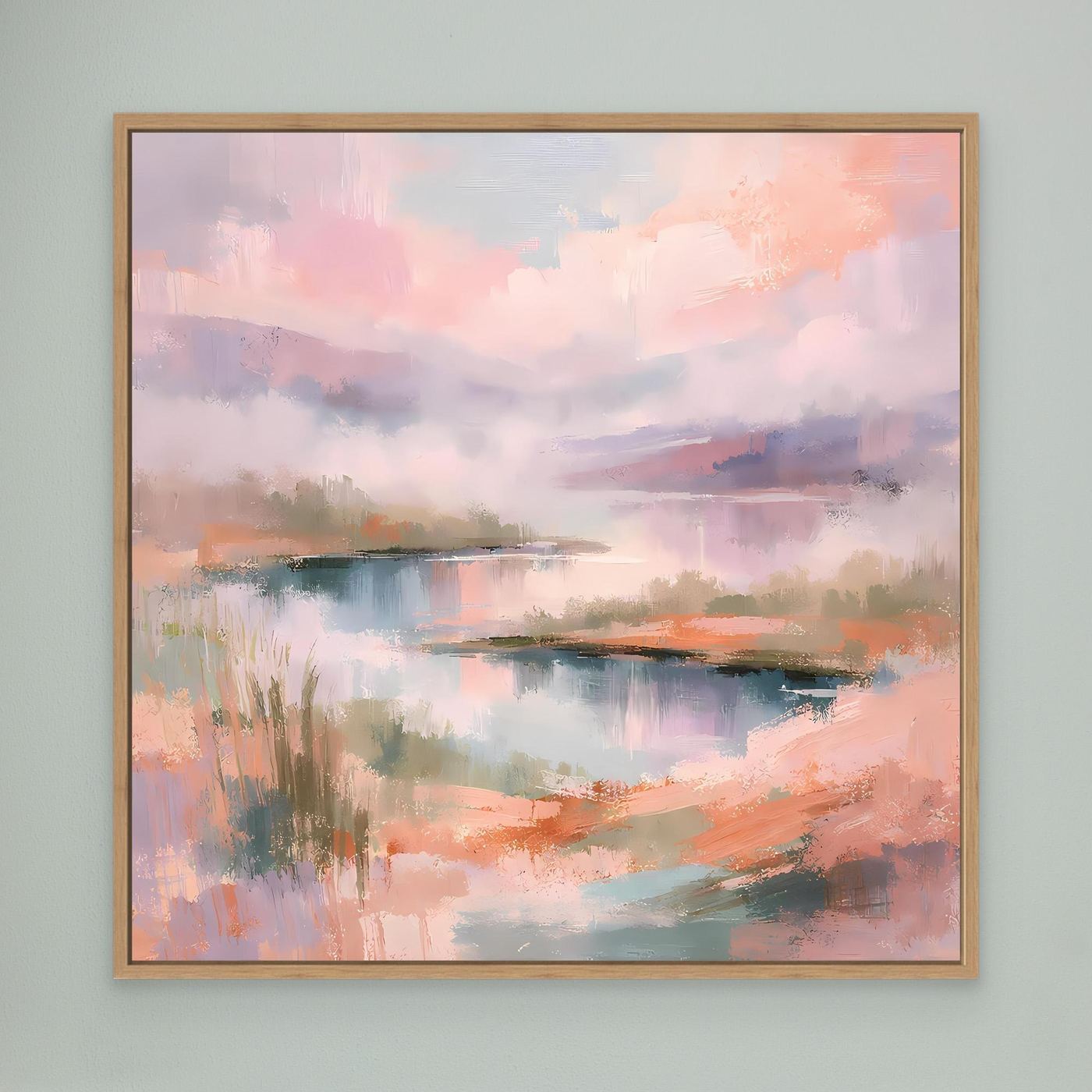 Abstraktes Leinwand-Wandbild mit Pastell-See und Ufer, Holzrahmen (Eiche)