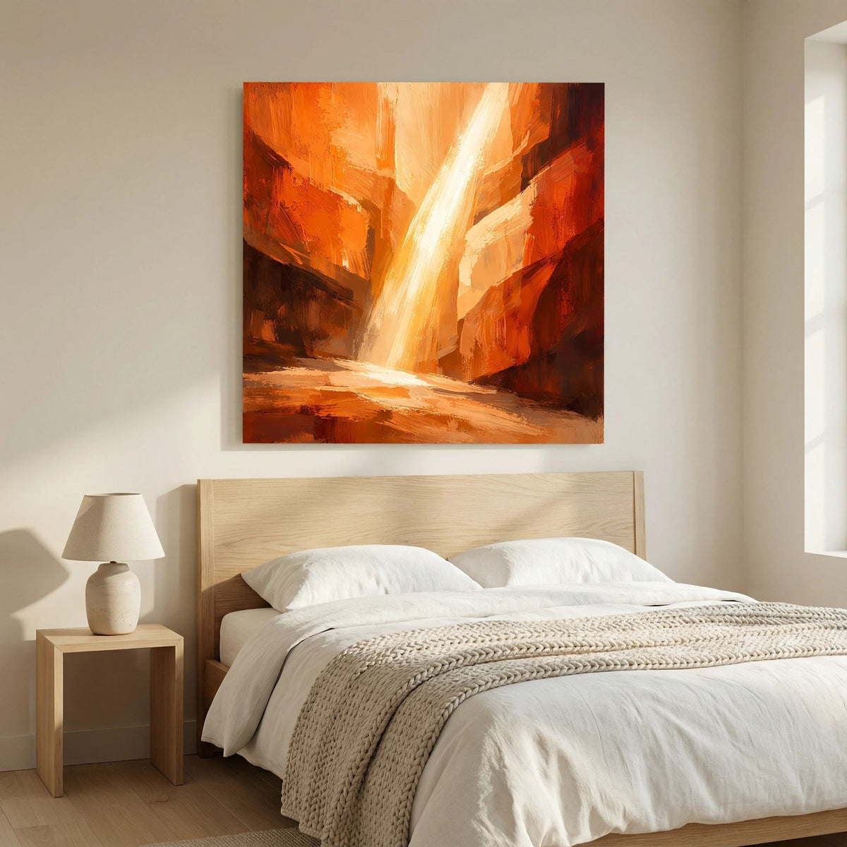 Gerahmtes Leinwandbild mit abstraktem Canyon und leuchtend hellem Lichtkegel