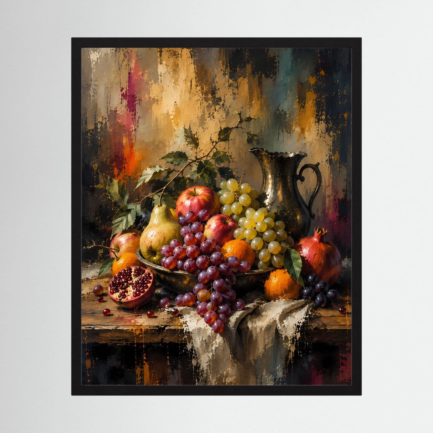 Gerahmtes Kunstposter mit Obststillleben: Trauben, Granatapfel und Äpfel vor Metallkanne