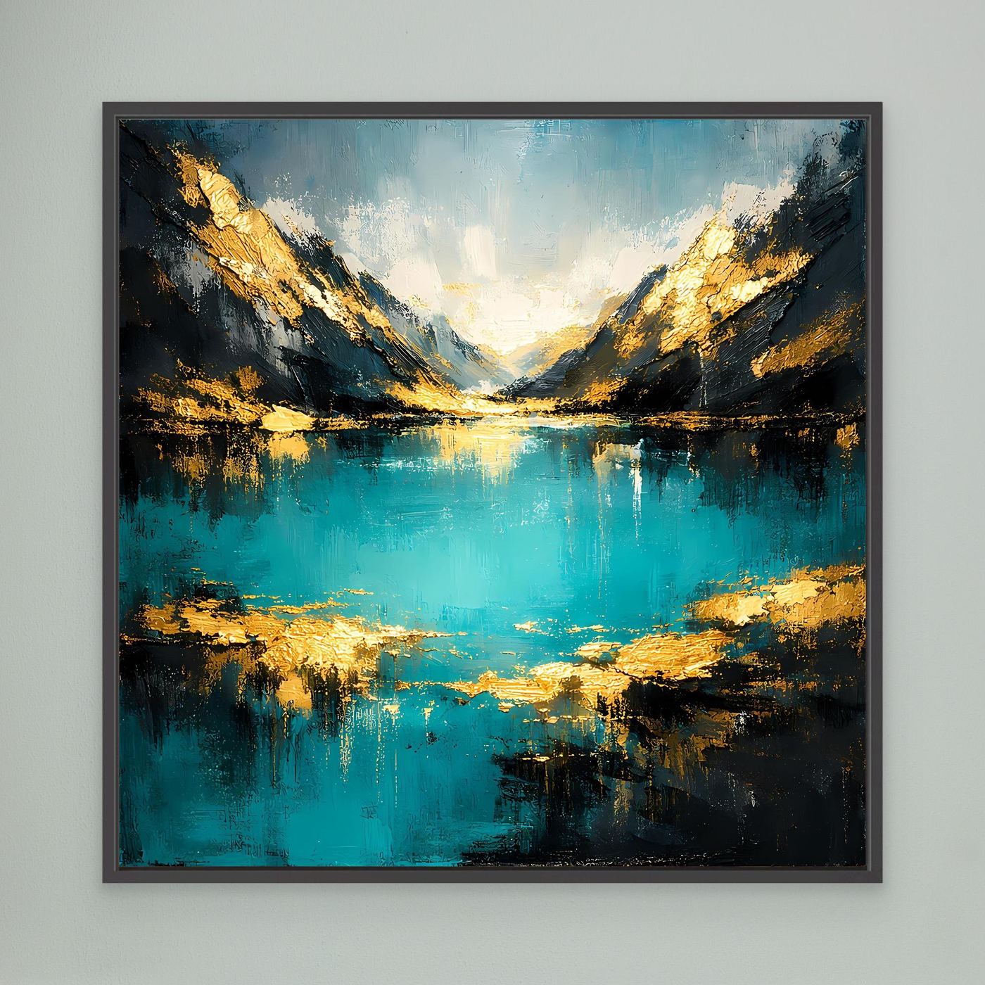 Abstraktes Leinwand-Wandbild mit türkis-goldenem Bergsee im schwarzen Rahmen