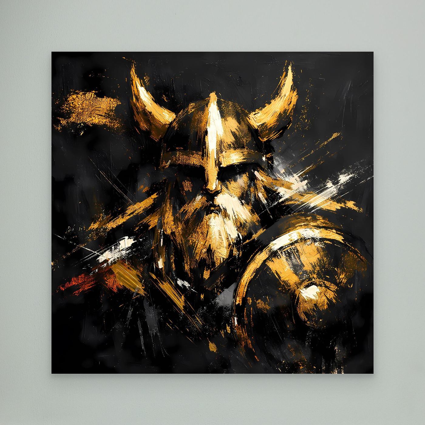 Leinwand Goldener Wikinger mit Schild | Abstraktes Nordmann Wandbild Modern