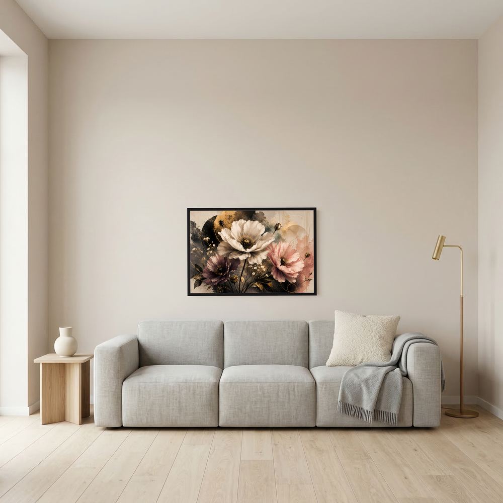 Wandposter im Querformat mit Mohnblumen in Creme, Rosa und Violett, dunkler Rahmen