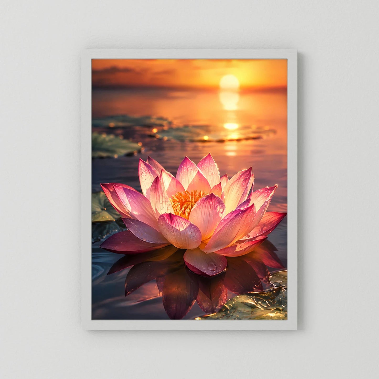 Poster im Hochformat mit pinker Lotusblüte im Sonnenuntergang, heller Rahmen