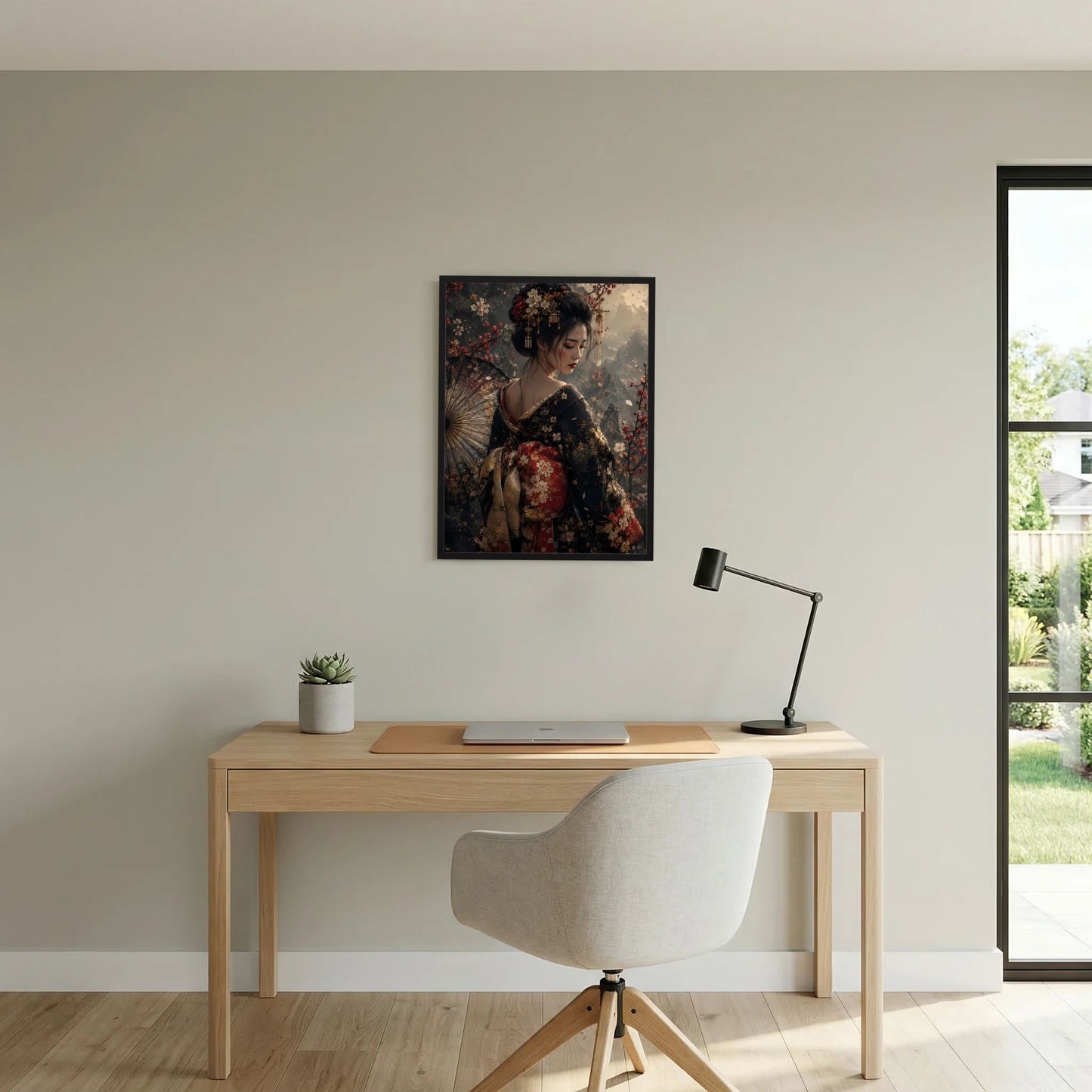 Hochformatiges Wandposter: Geisha-Frau im dunklen Kimono mit roten floralen Akzenten