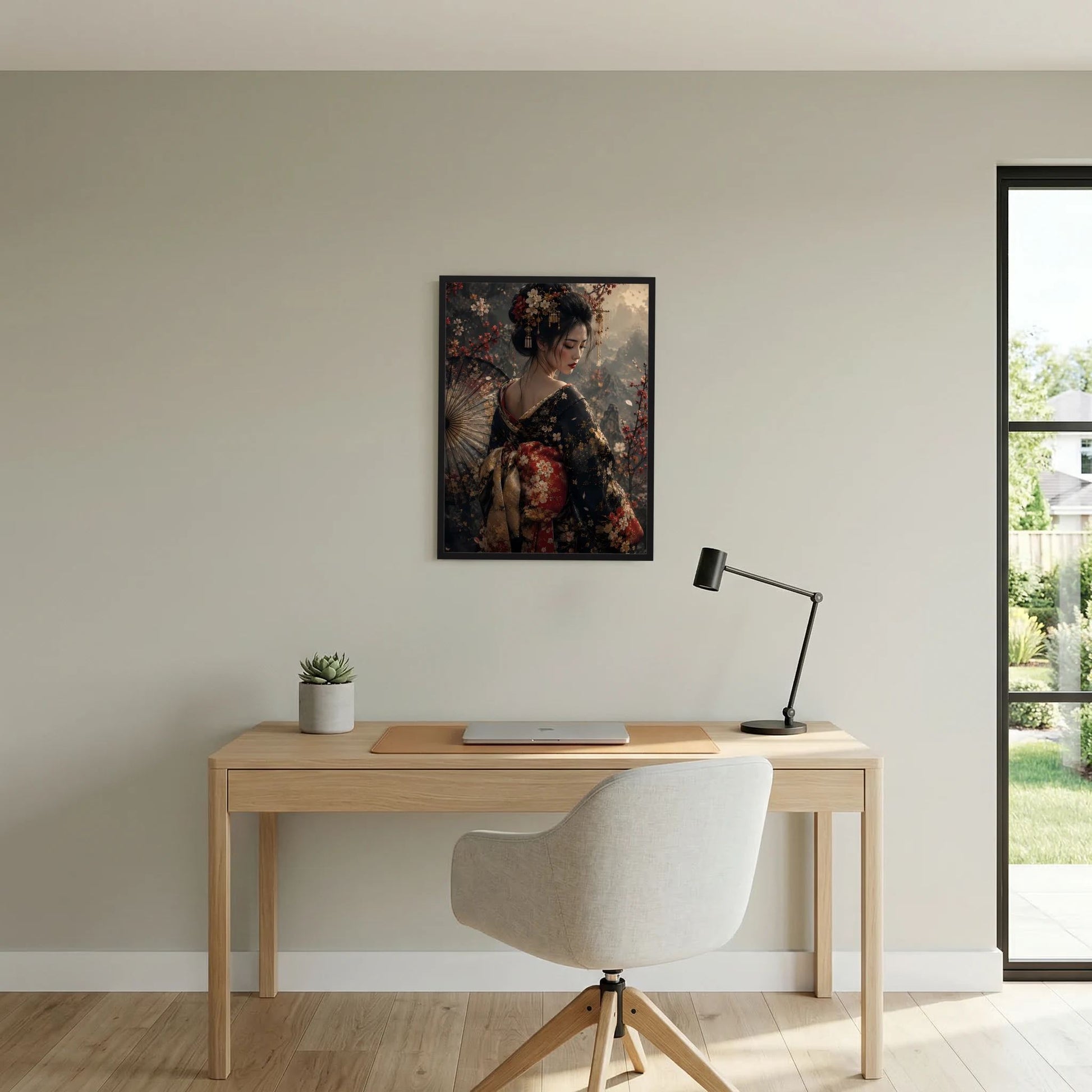 Hochformatiges Wandposter: Geisha-Frau im dunklen Kimono mit roten floralen Akzenten