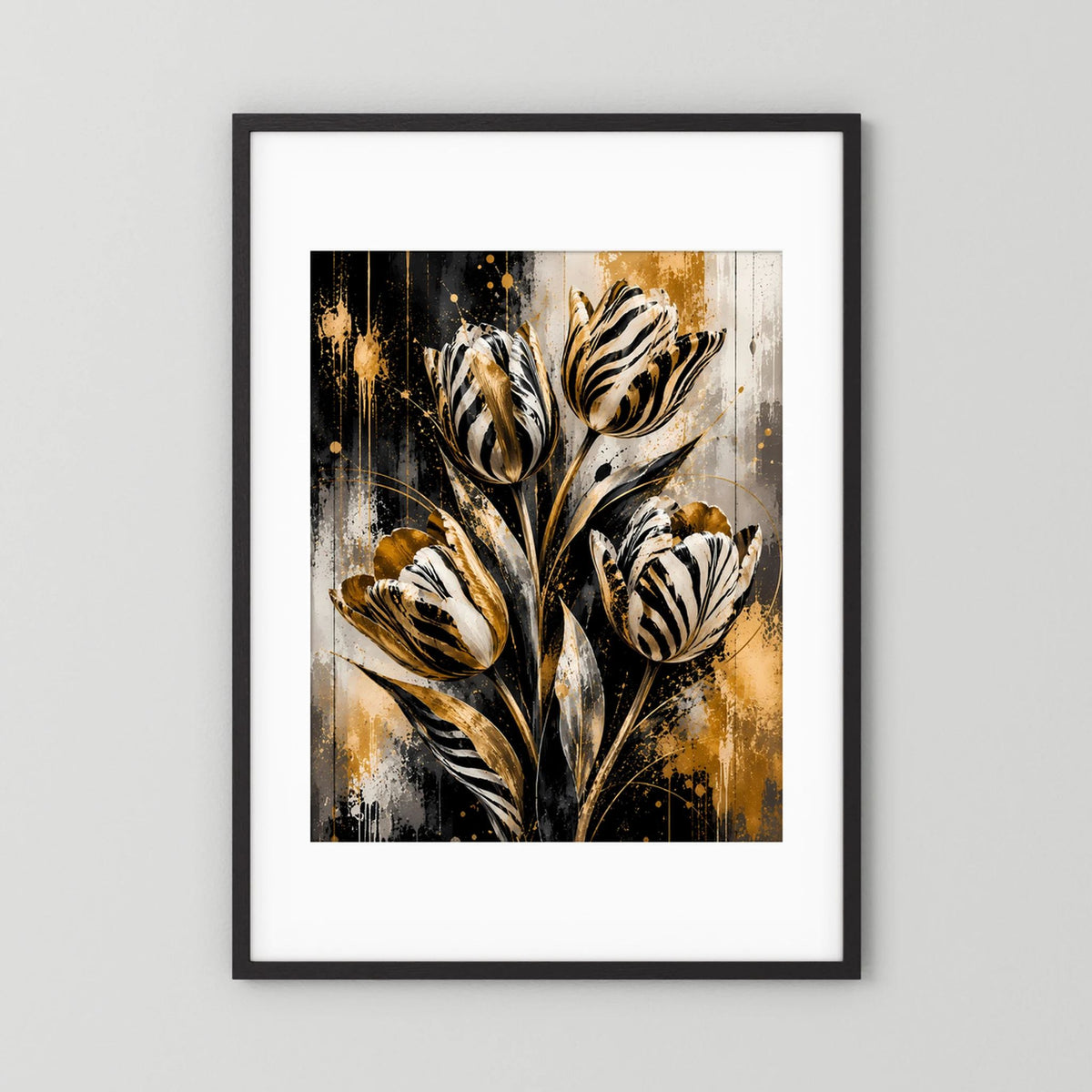 Hochformatiges Poster mit abstrakten Tulpen in Schwarz, Weiß und Gold, im schwarzen Rahmen