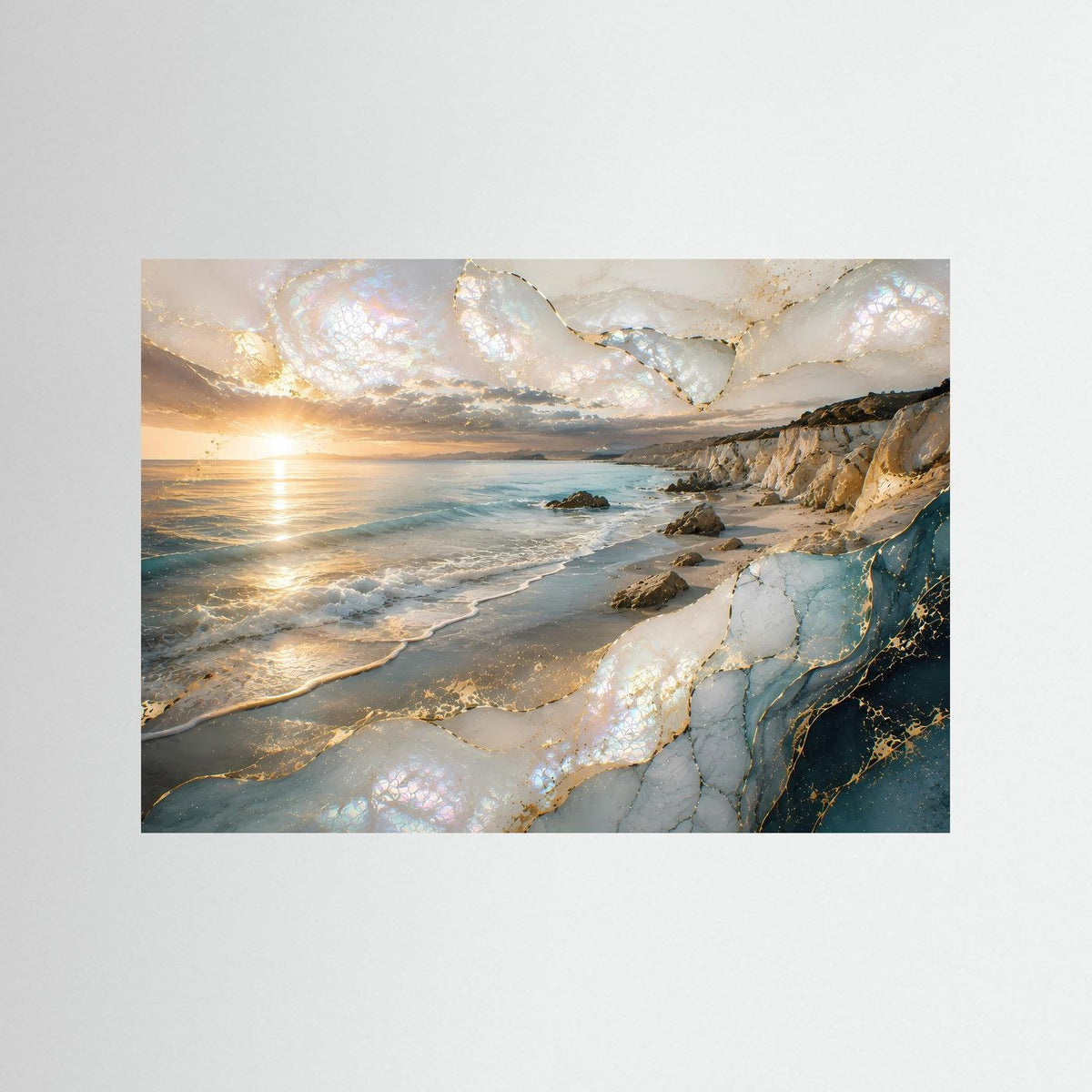 Poster Querformat: Küstenlandschaft mit Perlmutt und Goldakzenten, Meer, Sand und Felsen ohne Rahmen