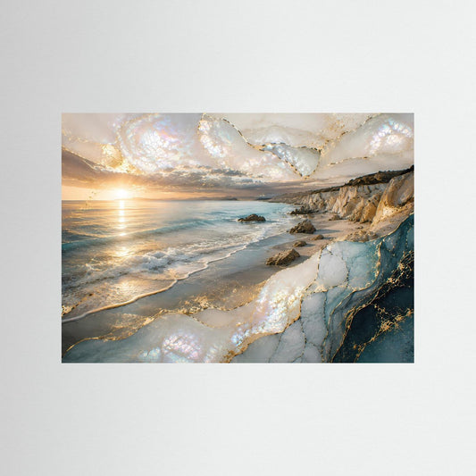 Poster Querformat: Küstenlandschaft mit Perlmutt und Goldakzenten, Meer, Sand und Felsen ohne Rahmen