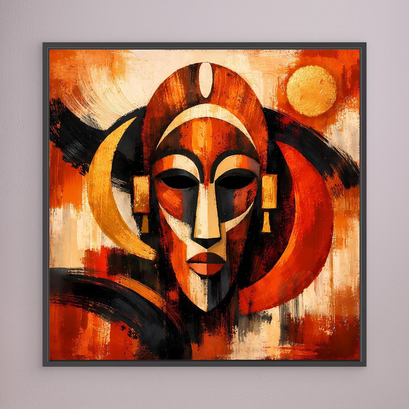 Gerahmtes Leinwandbild mit afrikanischer Maske, Rot-Orange, Schwarz und hellem Goldkreis