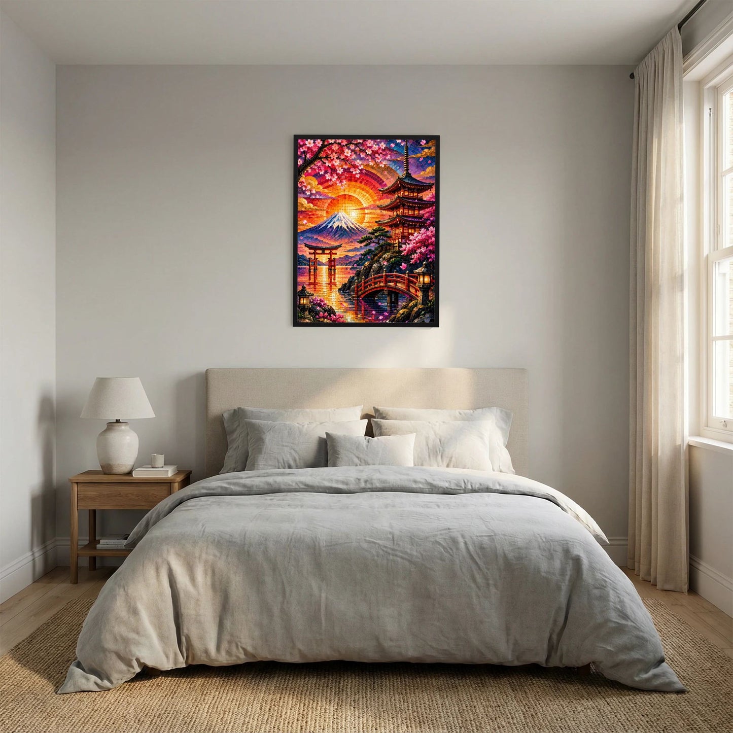 Gerahmtes Poster mit Mosaik-Landschaft: Fuji, Pagode und Sakura mit leuchtender Sonne