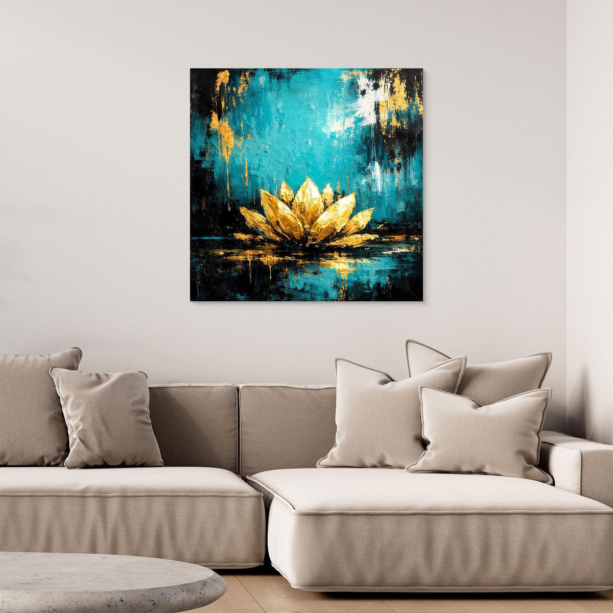 Wandbild: abstrakte Lotusblüte in Türkis und Gold auf dunklem Grund