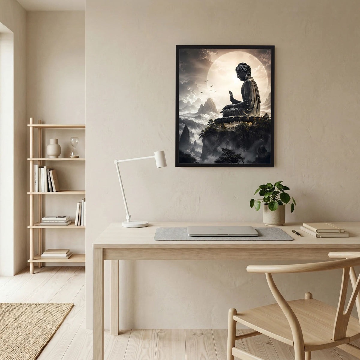 Poster im schwarzen Rahmen: sitzender Buddha über Berglandschaft und Wolken