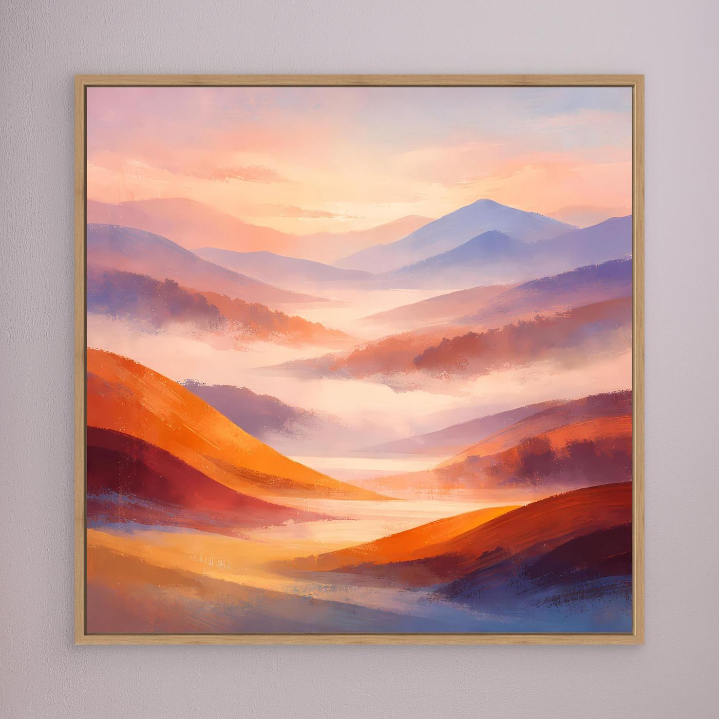 Leinwandbild mit goldbraunem Holzrahmen, abstrakte Pastell-Berglandschaft in Orange und Lila