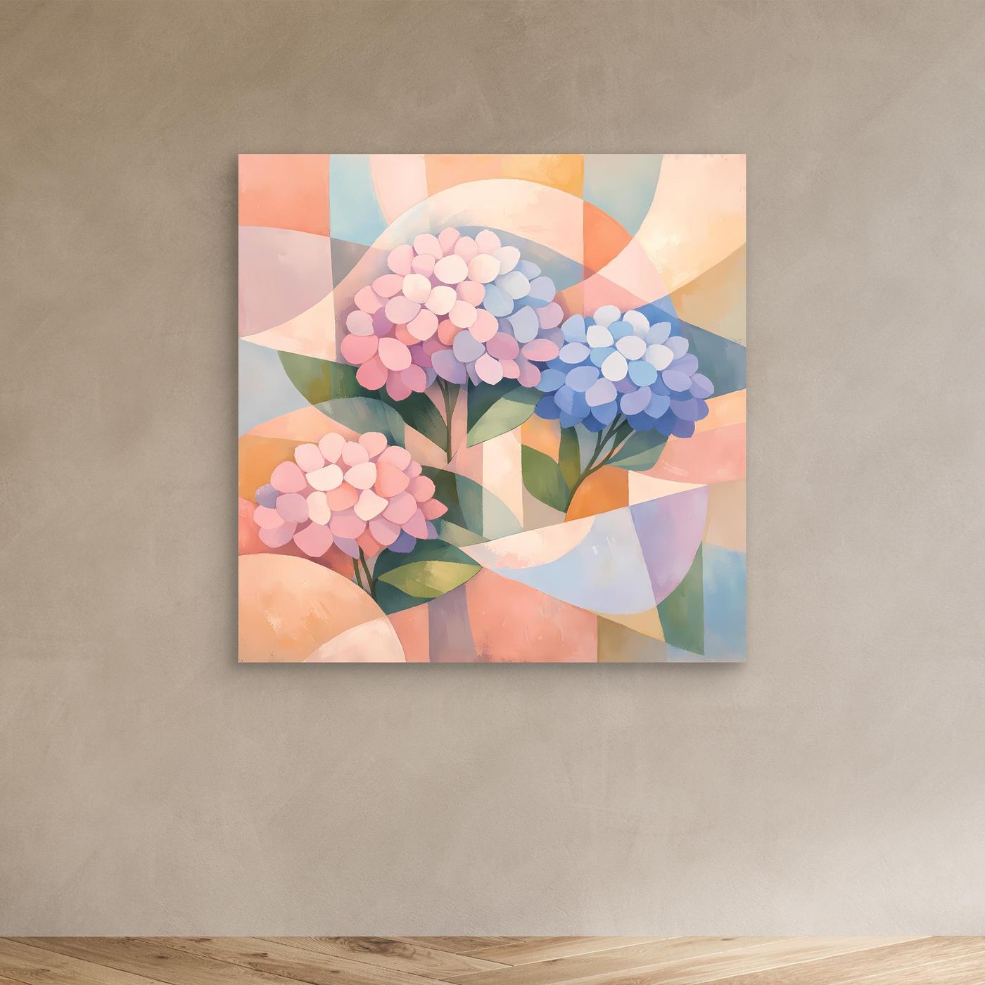 Leinwandbild mit geometrischen Hortensien in Pastellfarben, ohne sichtbaren Rahmen