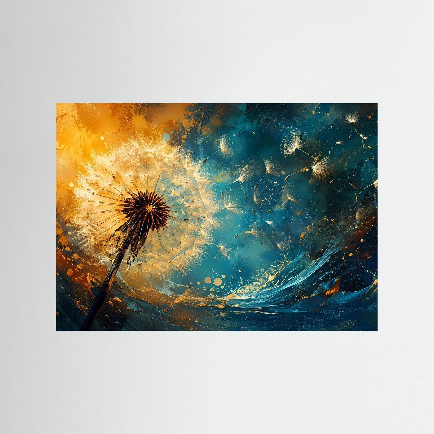 Pusteblume Poster | Löwenzahn Wandbild Modern | Gold Blau Abstrakte Naturkunst mit Schwebenden Samen
