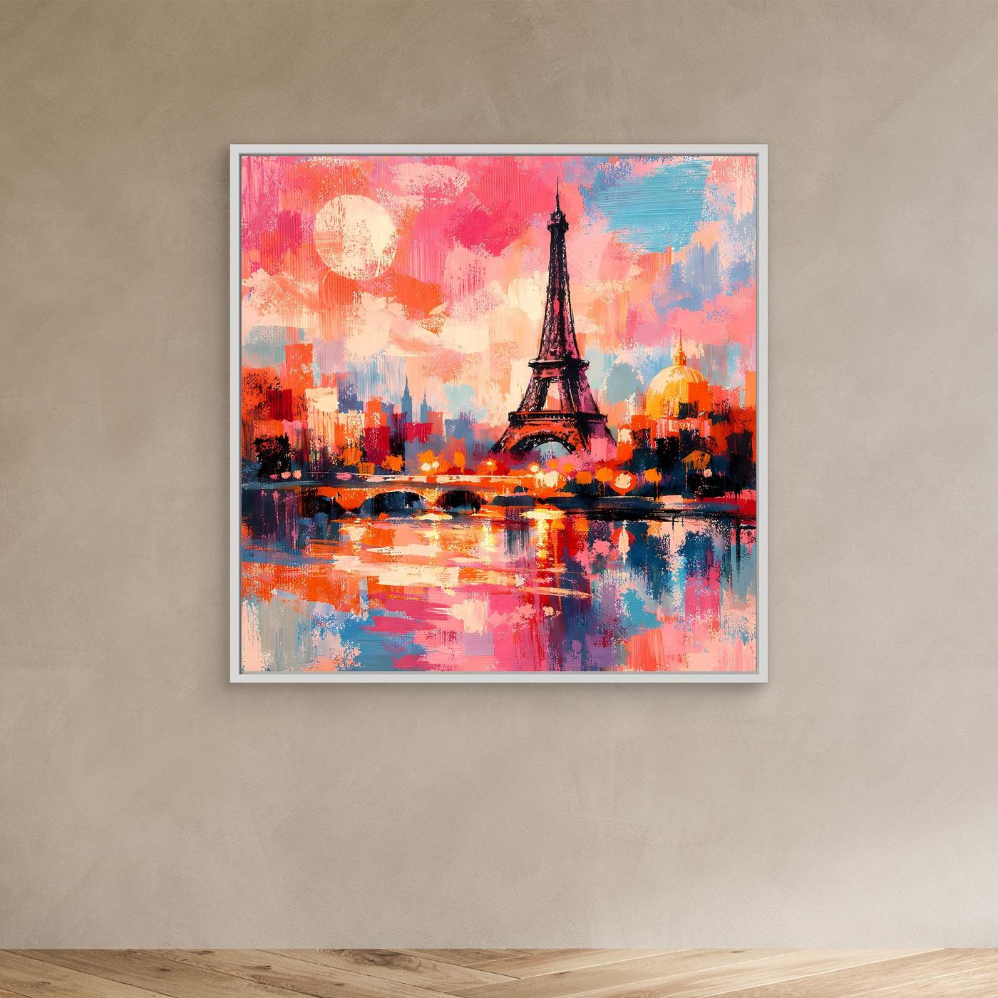 Abstraktes Leinwand-Wandbild mit Eiffelturm und Stadt, pink-blau, im weißen Rahmen