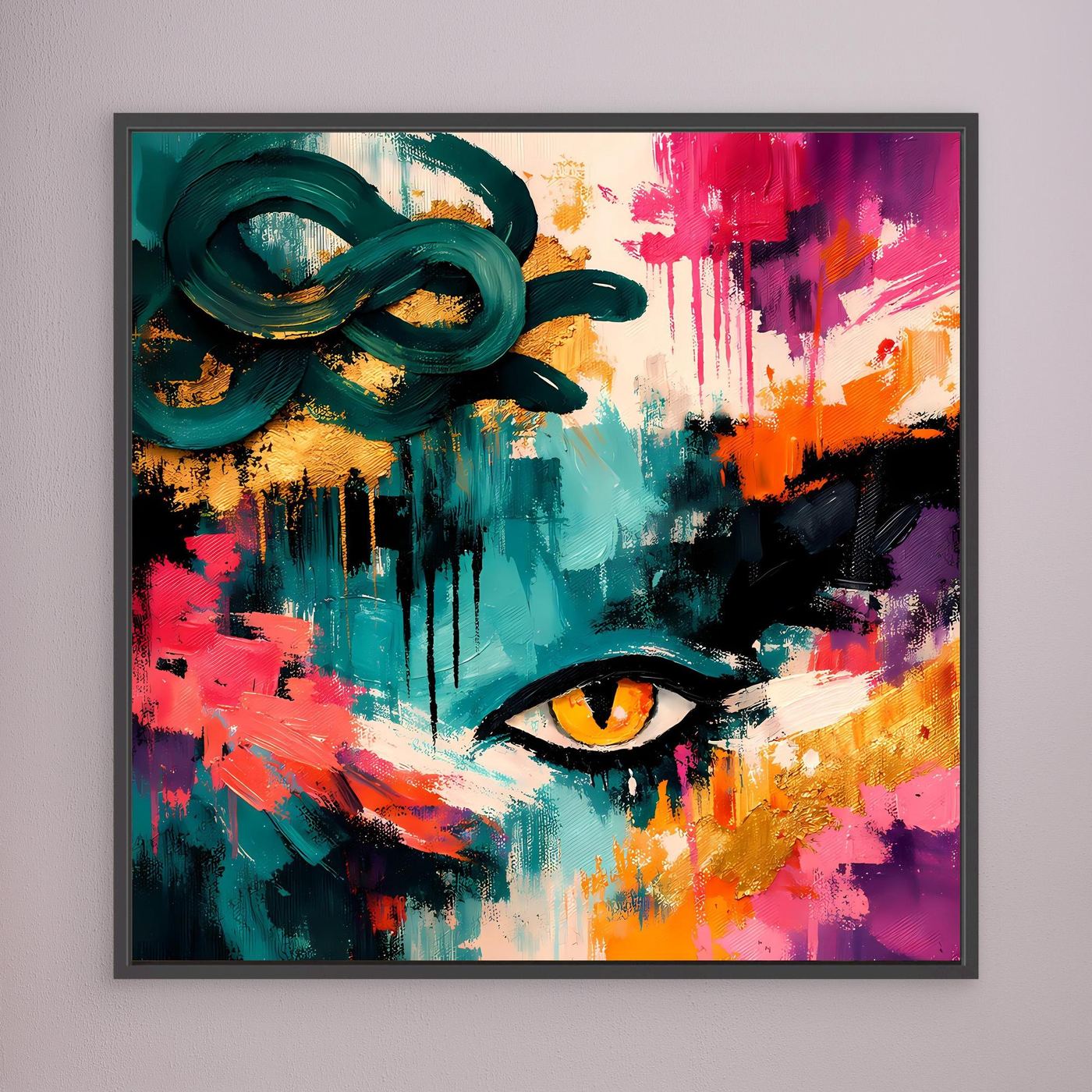 Gerahmtes abstraktes Wandbild: Medusa-Auge in Türkis, Rot, Gelb, dunkel