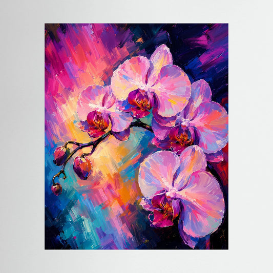 Kunstposter im Hochformat mit abstrakten rosa Orchideenblüten und bunten Farbwirbeln