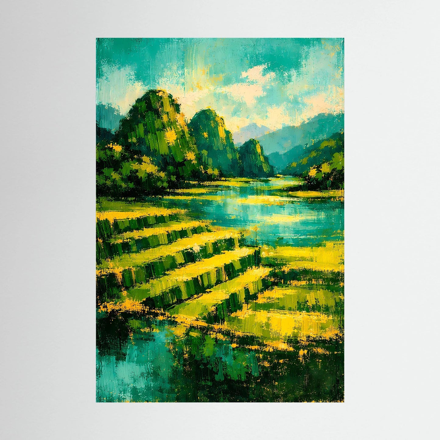 Hochformat-Poster mit abstrakter Berglandschaft: Grün, Gelb und türkisfarbener Fluss