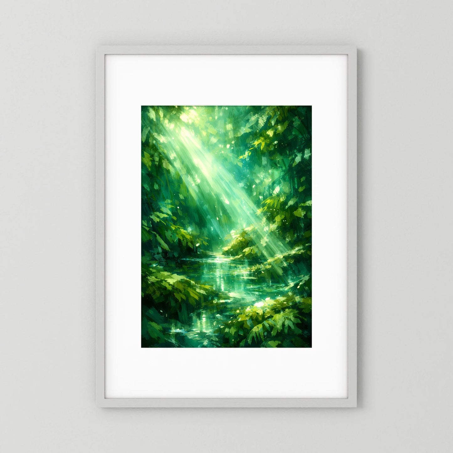 Hochformat-Poster im hellen Rahmen mit grünem Waldsee und Lichtstrahlen