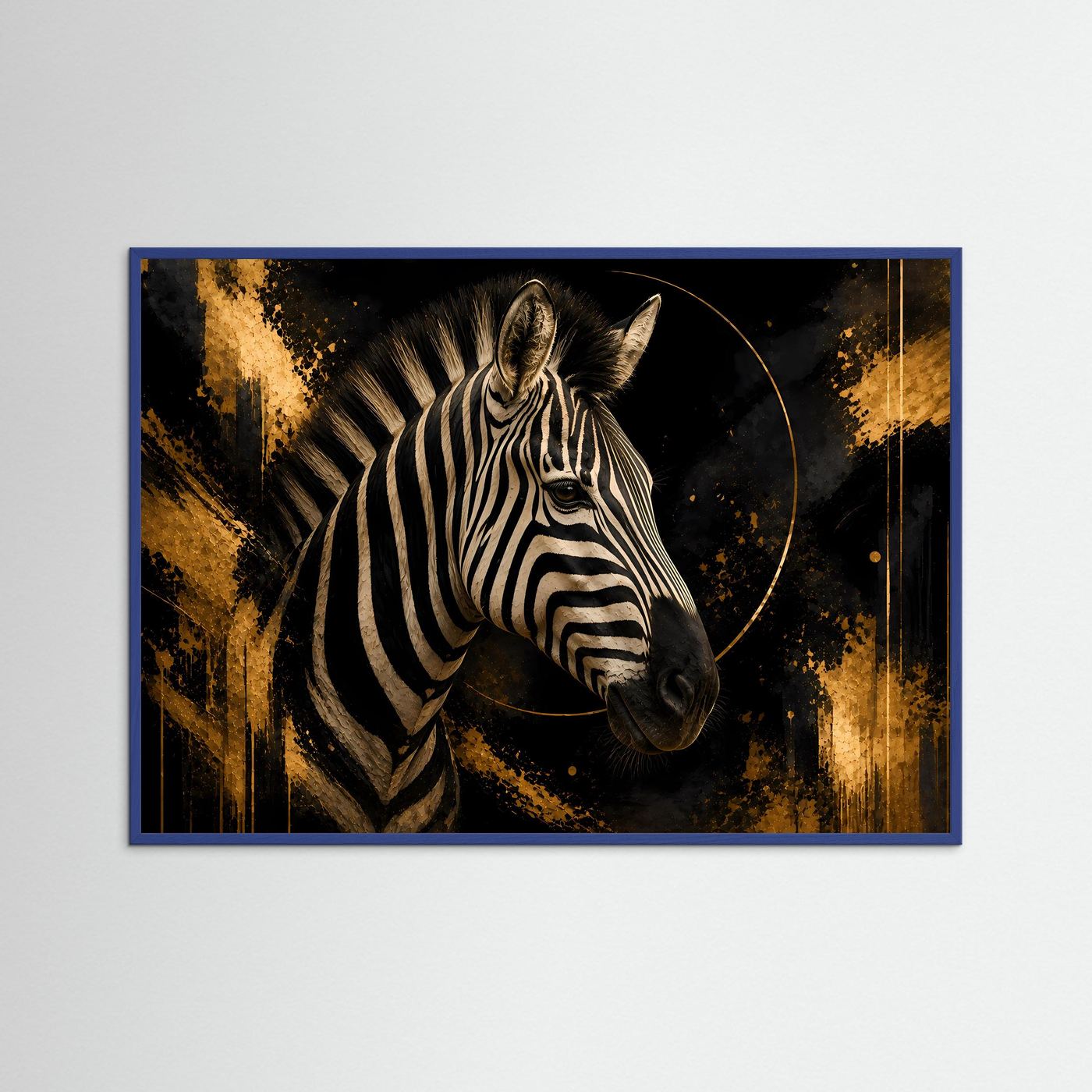 Zebraporträt in Schwarz und Gold, mit blauem Rahmen und Kreis im Hintergrund.