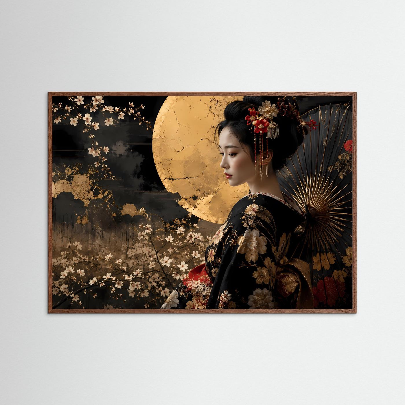Elegante Geisha mit goldenem Vollmond | Japanische Kunst & Kimono Poster