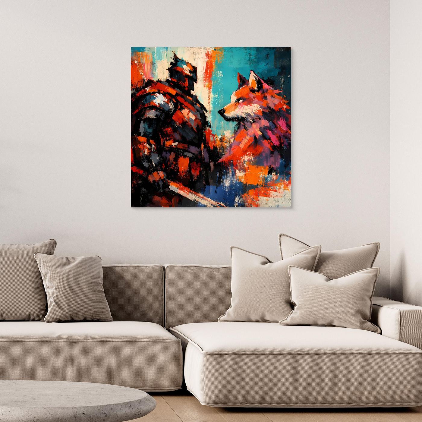 Leinwand-Wandbild mit abstraktem Krieger und Wolf in orange-blauem Farbspiel
