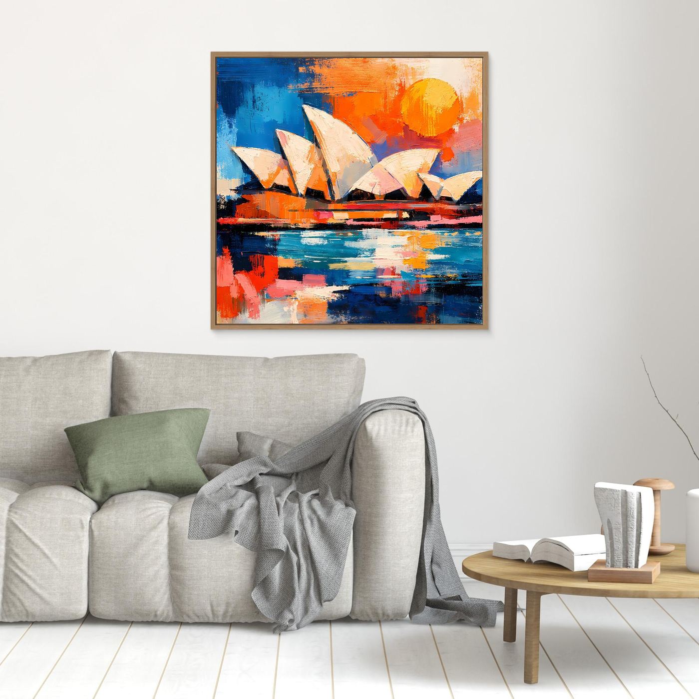 Abstract architecture wall art with light wood frame above sofa, blue and orange harbor