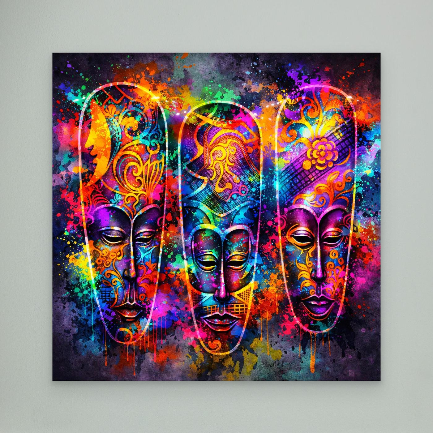 Leinwandbild mit drei bunten Neon-Masken im abstrakten Farbspritzer-Look