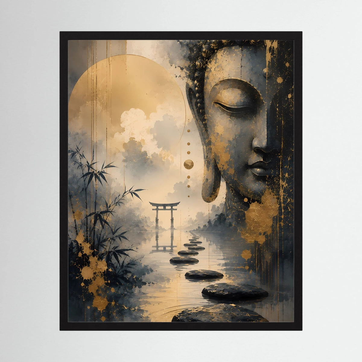 Hochformat-Poster mit Buddha-Profil in Gold und Schwarz, Zen-Weg mit Steinplätzen