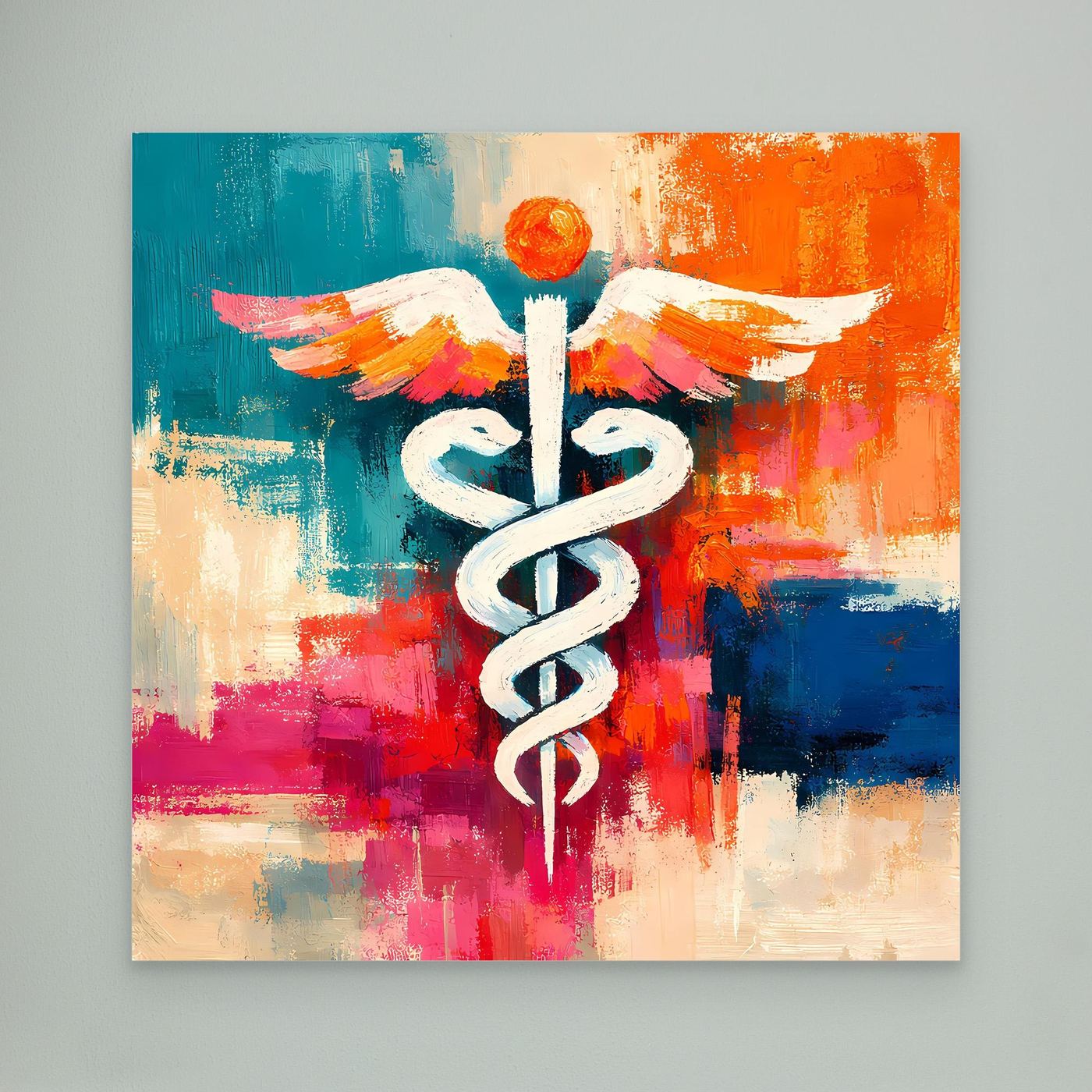Abstract medical wall art canvas with white caduceus and wings on colorful brush strokes