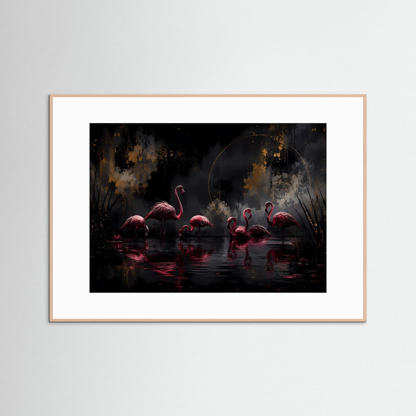 Flamingos in der Dunkelheit | Elegante Schwarz-Gold Wandkunst mit Pink – Modernes Poster Querformat