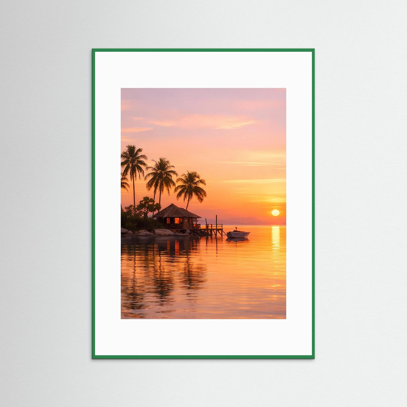 Tropisches Insel-Wandbild im Sonnenuntergang, grüner Rahmen, weißes Passepartout