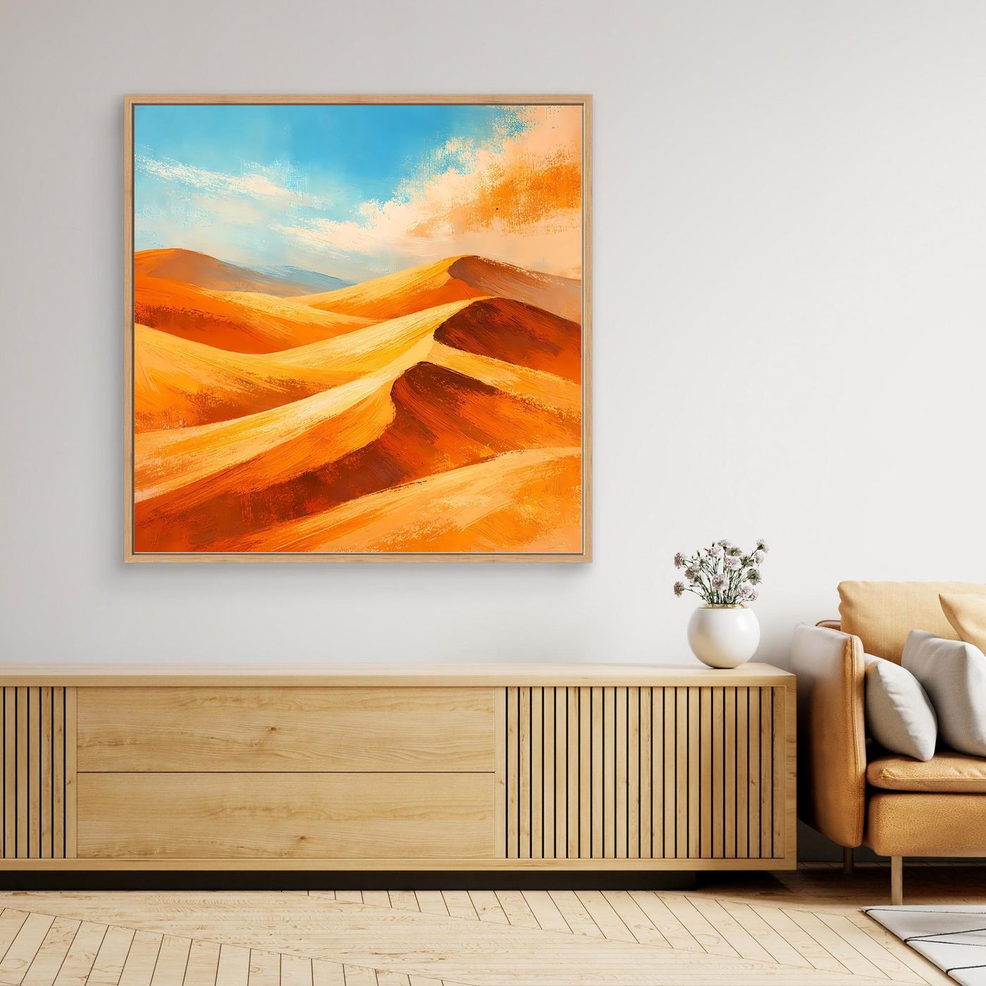 Abstract desert dunes canvas wall art with orange and gold tones, light wood frame